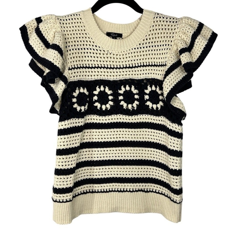 Rails Penelope‎ Crochet Stripe Ruffle Sleeve Knit Top Oat Navy Small